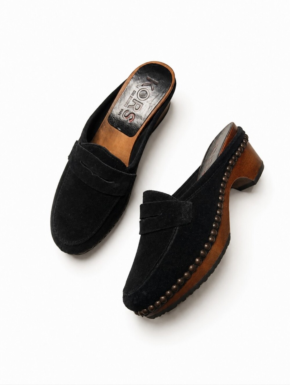 Michael Kors Black Suede Clog Mules with Brown Wood Heel